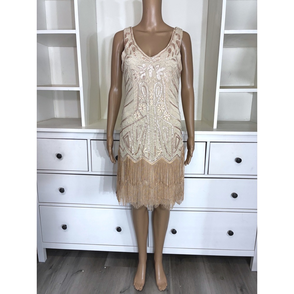 Flapper dress Babeyond Champagne Rose Gold Sequin Beaded Fringe  Womens Medium
